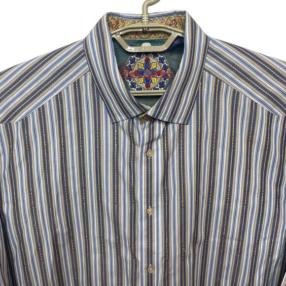 Robert Graham Men’s Striped Button Down Shirt Silk Trim Flip Cuff Blue Size XXL - Picture 3 of 14